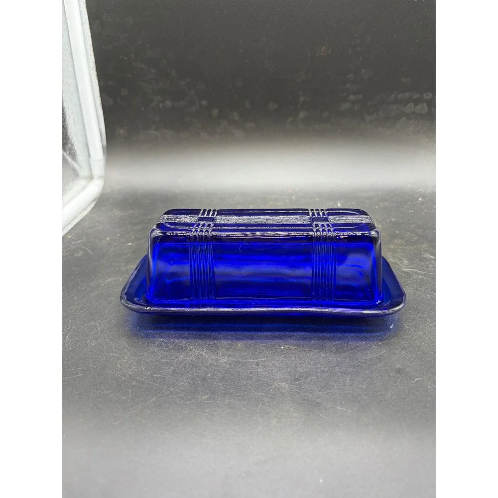 Hazel Atlas Cobalt Blue Glass Butter Dish Moderntone Art Deco Vintage 2 Piece